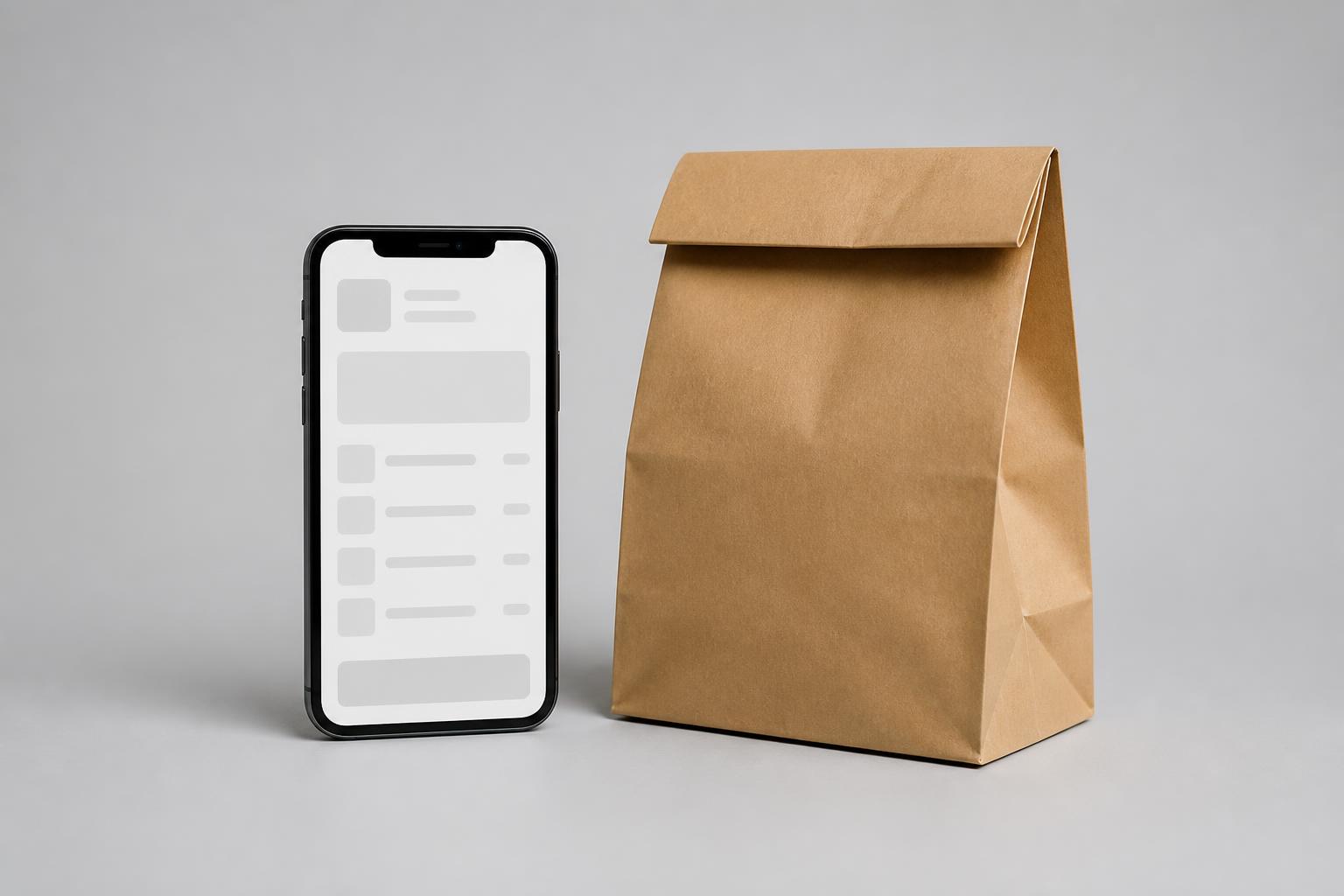 Phone showing an online ordering screen beside a takeaway bag