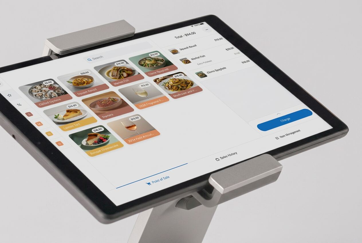POS tablet on a stand with a contactless card reader